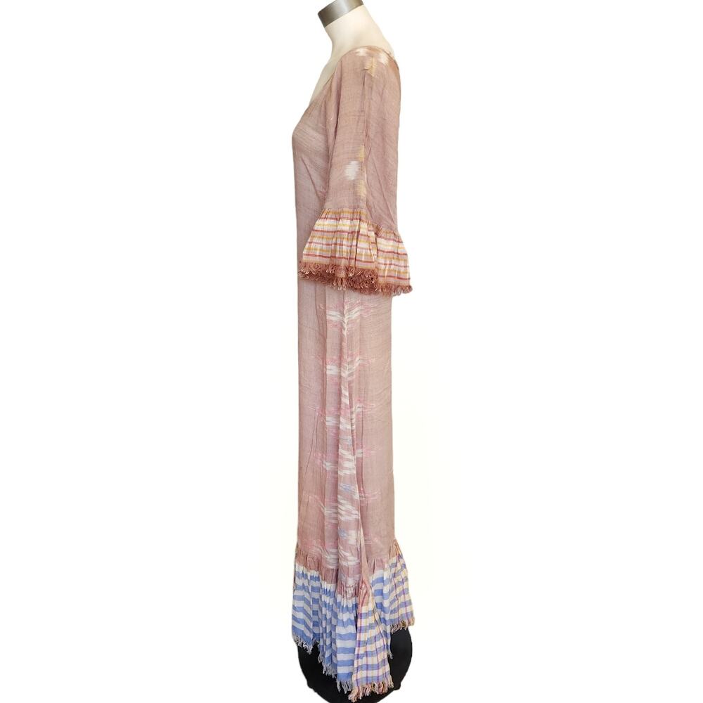 ERIKA PENA Tribal E Margarita Long Ikat maxi fringe ruffle dress in caffe XS NEW - Picture 2 of 9